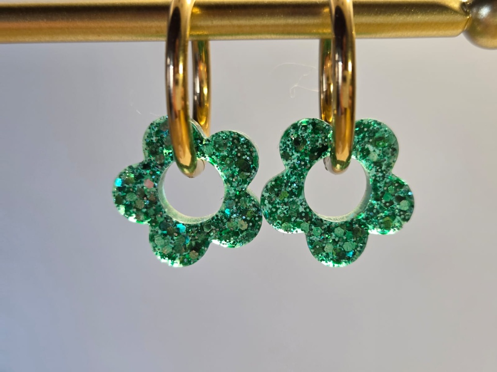 Petites pampilles fleurs interchangeables – Vert pailleté (Réversibles)